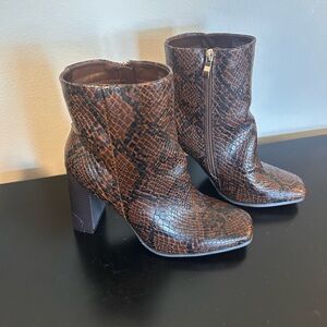 JustFab Brown Heeled Boots with Snakeskin Pattern